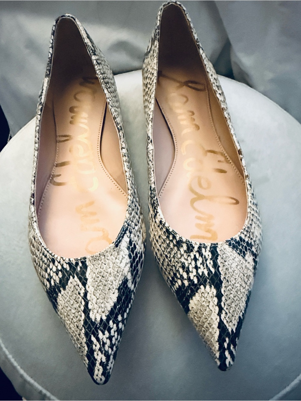 Sam Edelman Pointed Snake-Print Flats in Black & Cream